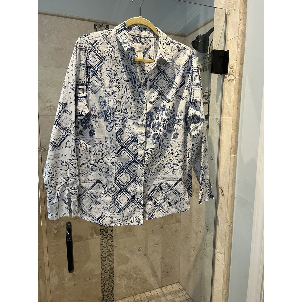 Chico’s No-Iron Blue Paisley Patchwork Button Down Tunic Top Cotton Large 2